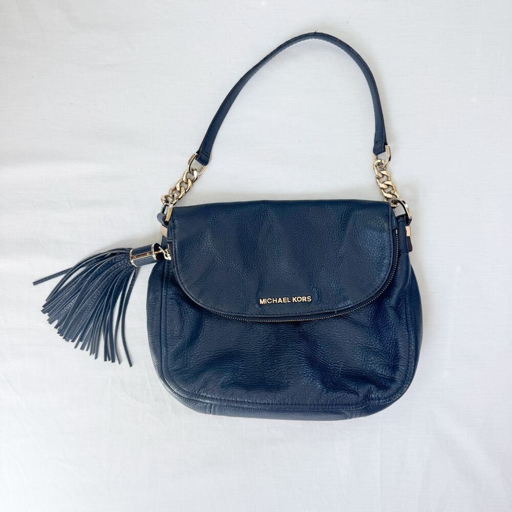 Michael Kors Bedford Tassel Flap Shoulder Bag Navy Pebbled Leather